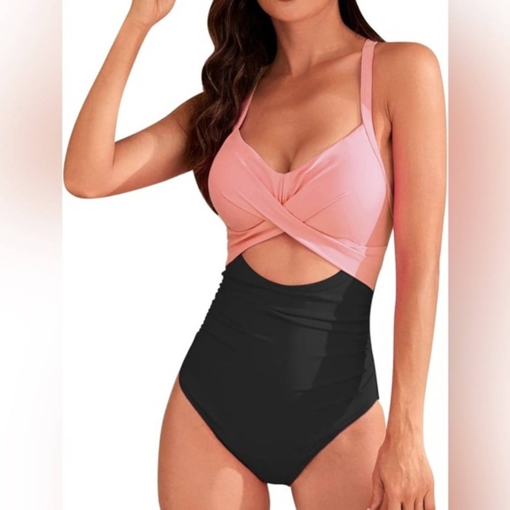 Eomenie Pink Black One Piece Cut Out Swimwear Size L